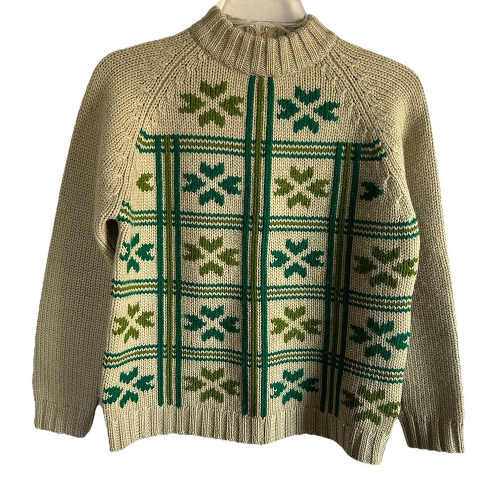 Vintage Tarni Fair Isle Nordic Wool Sweater Womens 38 Green Ski Alpine Mock Neck